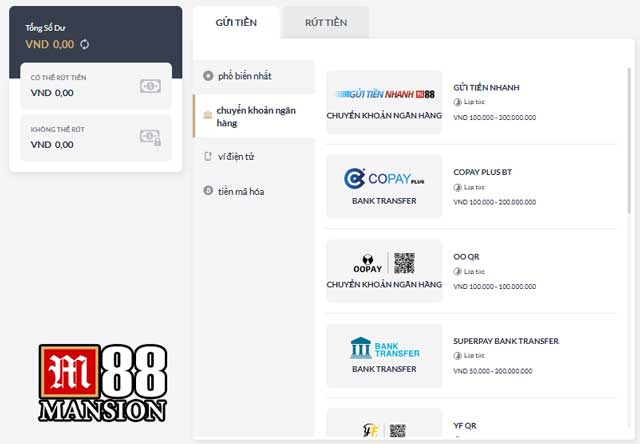 Cách gửi tiền M88 qua chuyển khoản ngân hàng cực dễ, cực nhanh