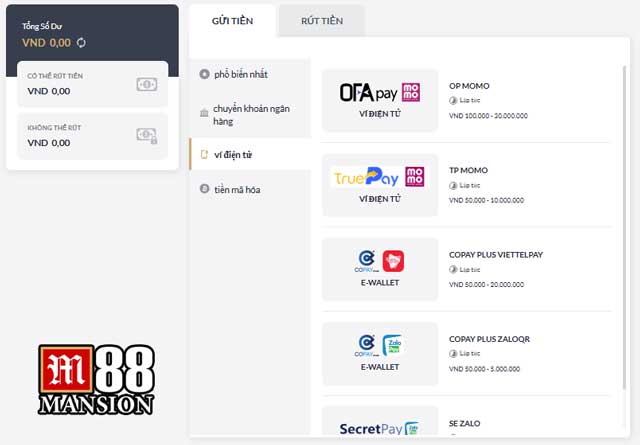 Cách nạp tiền M88 bằng ví điện tử nhanh gọn, không chờ đợi