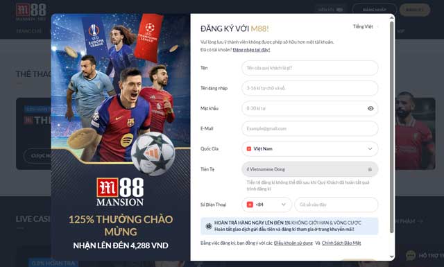 Điền thông tin chi tiết vào form M88 đăng ký